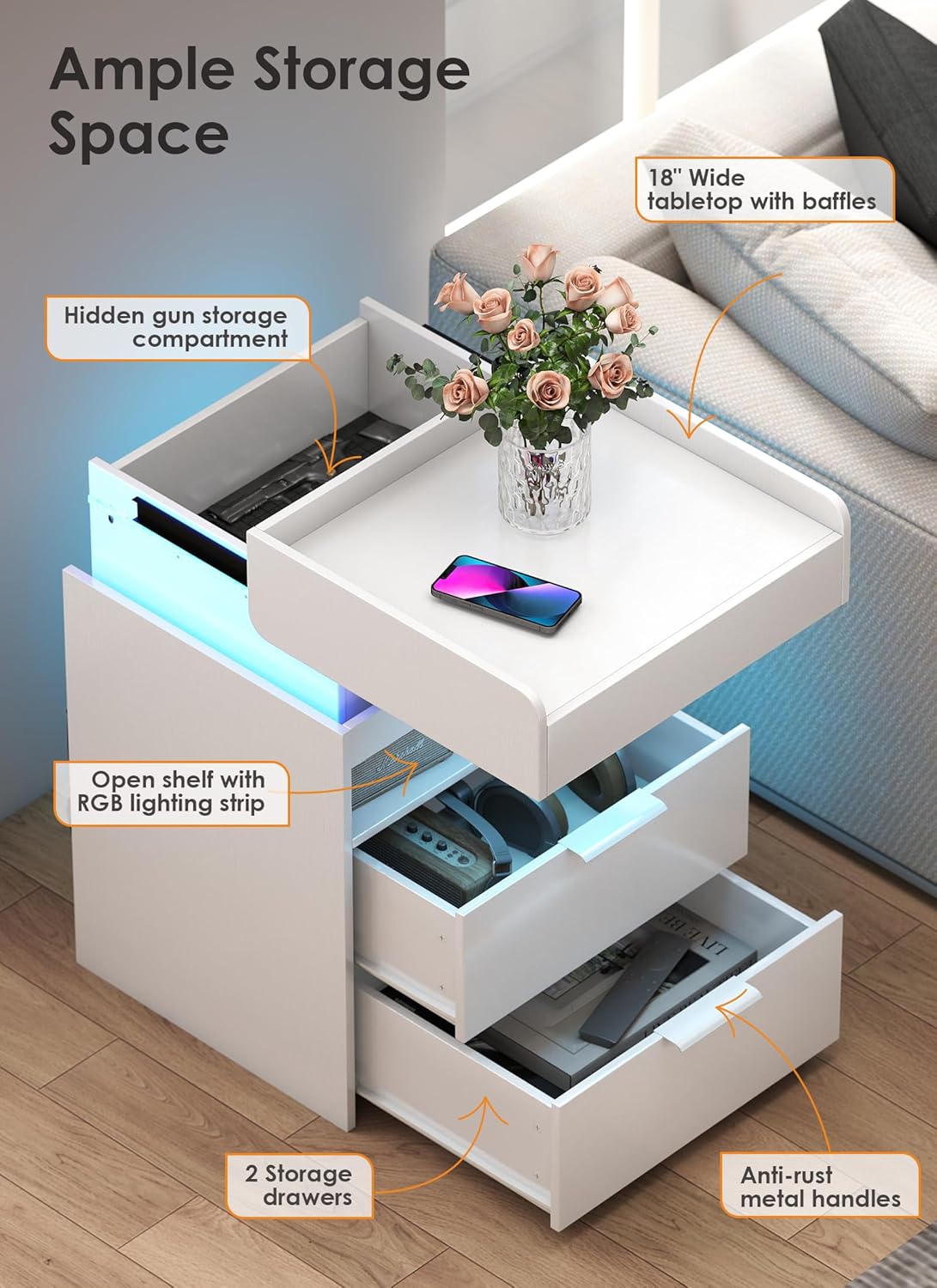Narrow LED Night Stand with Gun Drawer, W/ USB & Type-C Charging Port