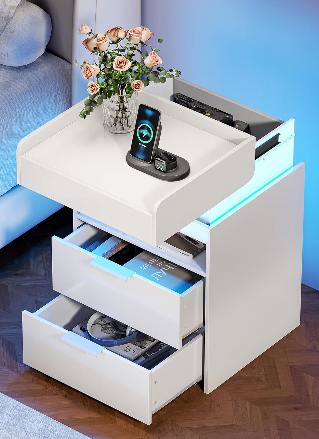 Narrow LED Night Stand with Gun Drawer, W/ USB & Type-C Charging Port