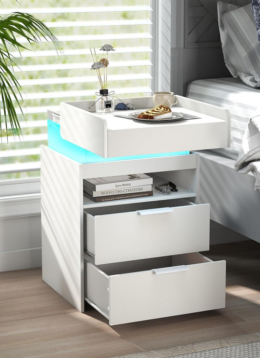Narrow LED Night Stand with Gun Drawer, W/ USB & Type-C Charging Port