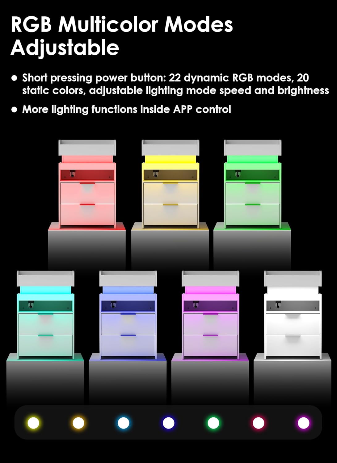 Narrow LED Night Stand with Gun Drawer, W/ USB & Type-C Charging Port