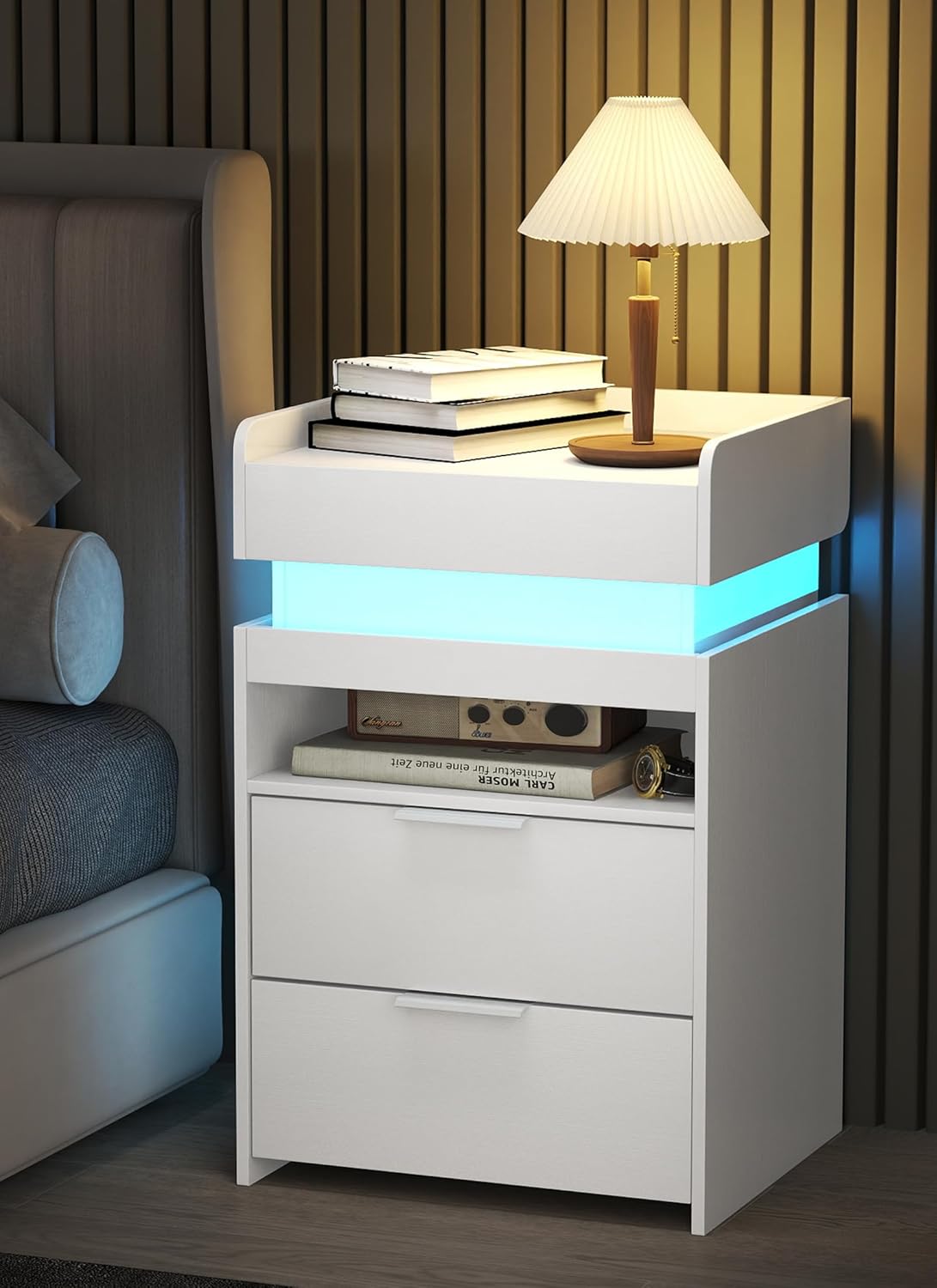 Narrow LED Night Stand with Gun Drawer, W/ USB & Type-C Charging Port