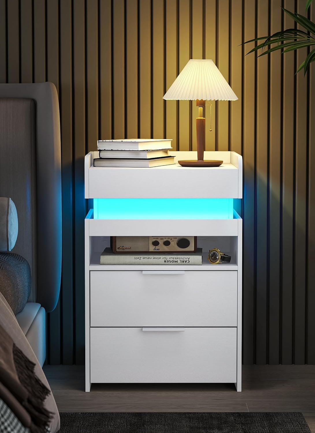 Narrow LED Night Stand with Gun Drawer, W/ USB & Type-C Charging Port