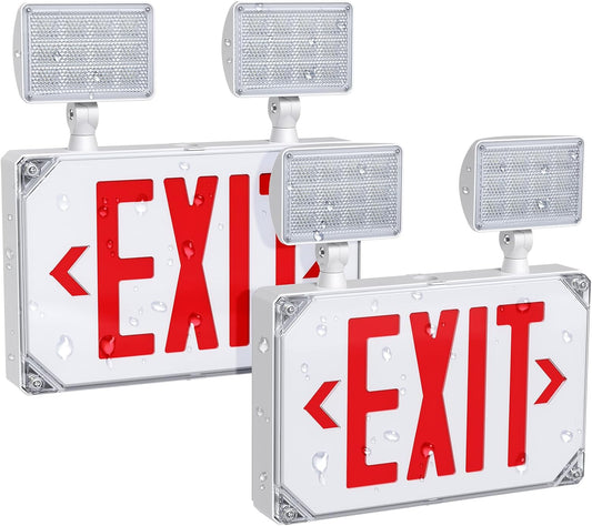 Wet Location Exit Sign with Emergency Lights, Exterior Red LED Exit Light Combo, Double Side Emergency