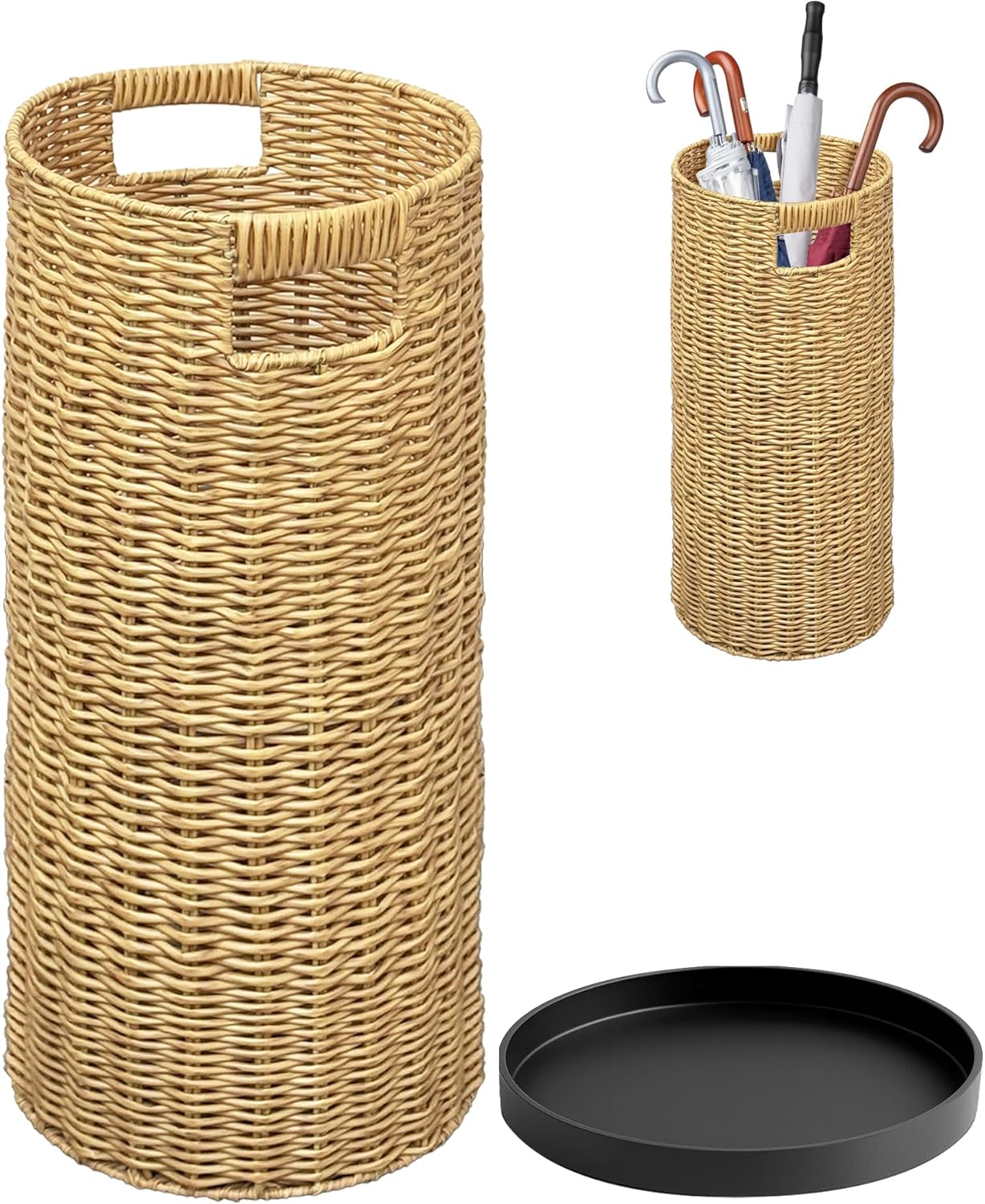 Rattan Umbrella Holder 20.8' H X 10' D, Handmade Wicker Umbrella Stand Indoor with Dip Tray, Sturdy