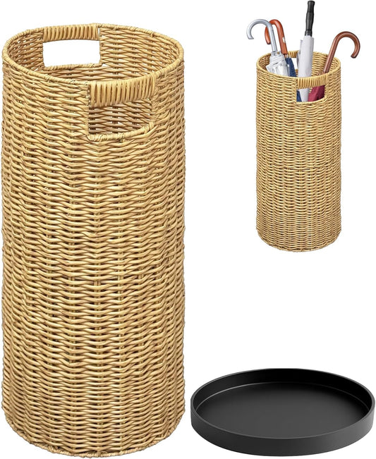 Rattan Umbrella Holder 20.8' H X 10' D, Handmade Wicker Umbrella Stand Indoor with Dip Tray, Sturdy
