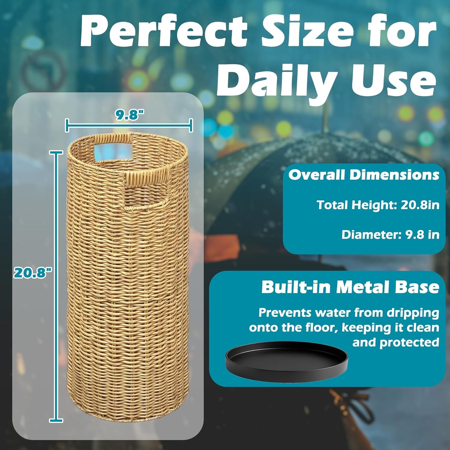 Rattan Umbrella Holder 20.8' H X 10' D, Handmade Wicker Umbrella Stand Indoor with Dip Tray, Sturdy