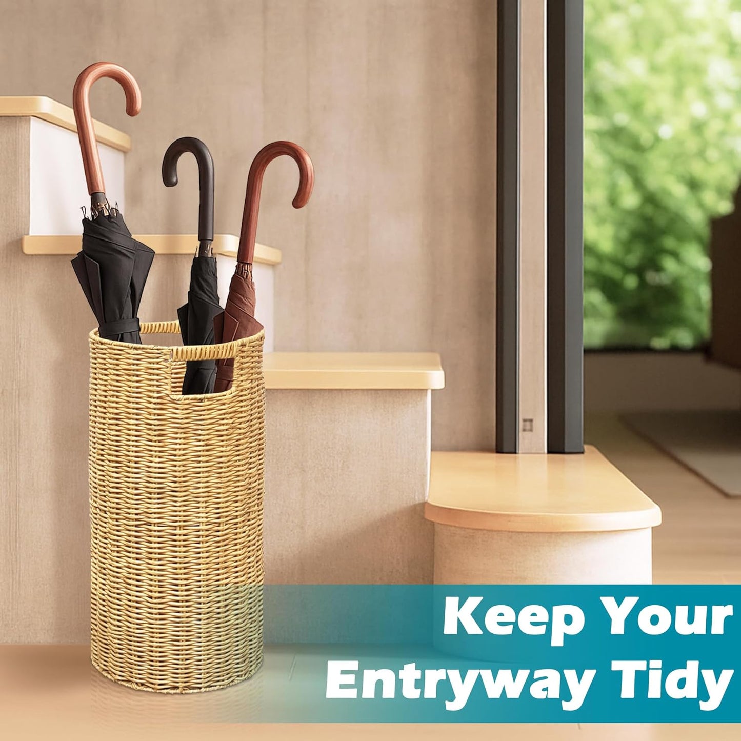 Rattan Umbrella Holder 20.8' H X 10' D, Handmade Wicker Umbrella Stand Indoor with Dip Tray, Sturdy