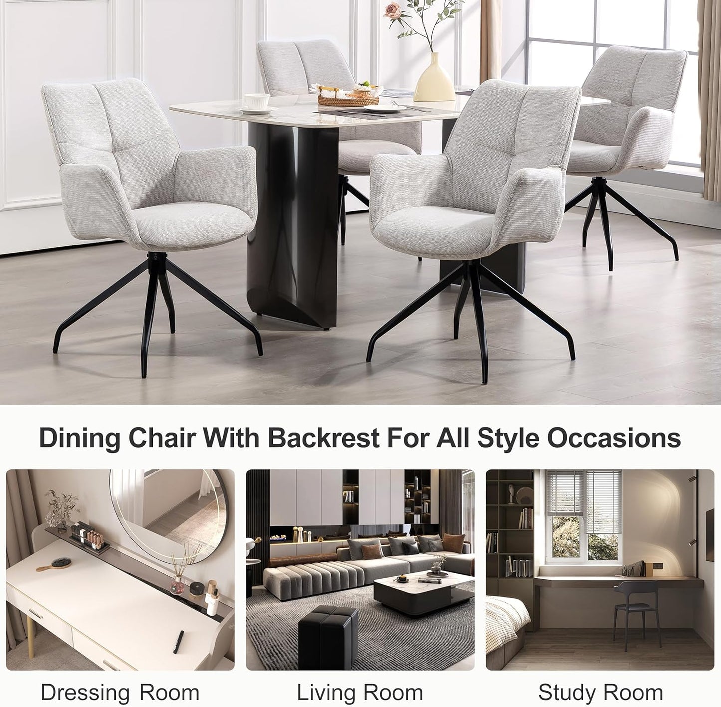Swivel Dining Chairs, Set of 2,  Upholstered, with Metal Legs Comfortable Back for Living Room, Bedroom,Study Room