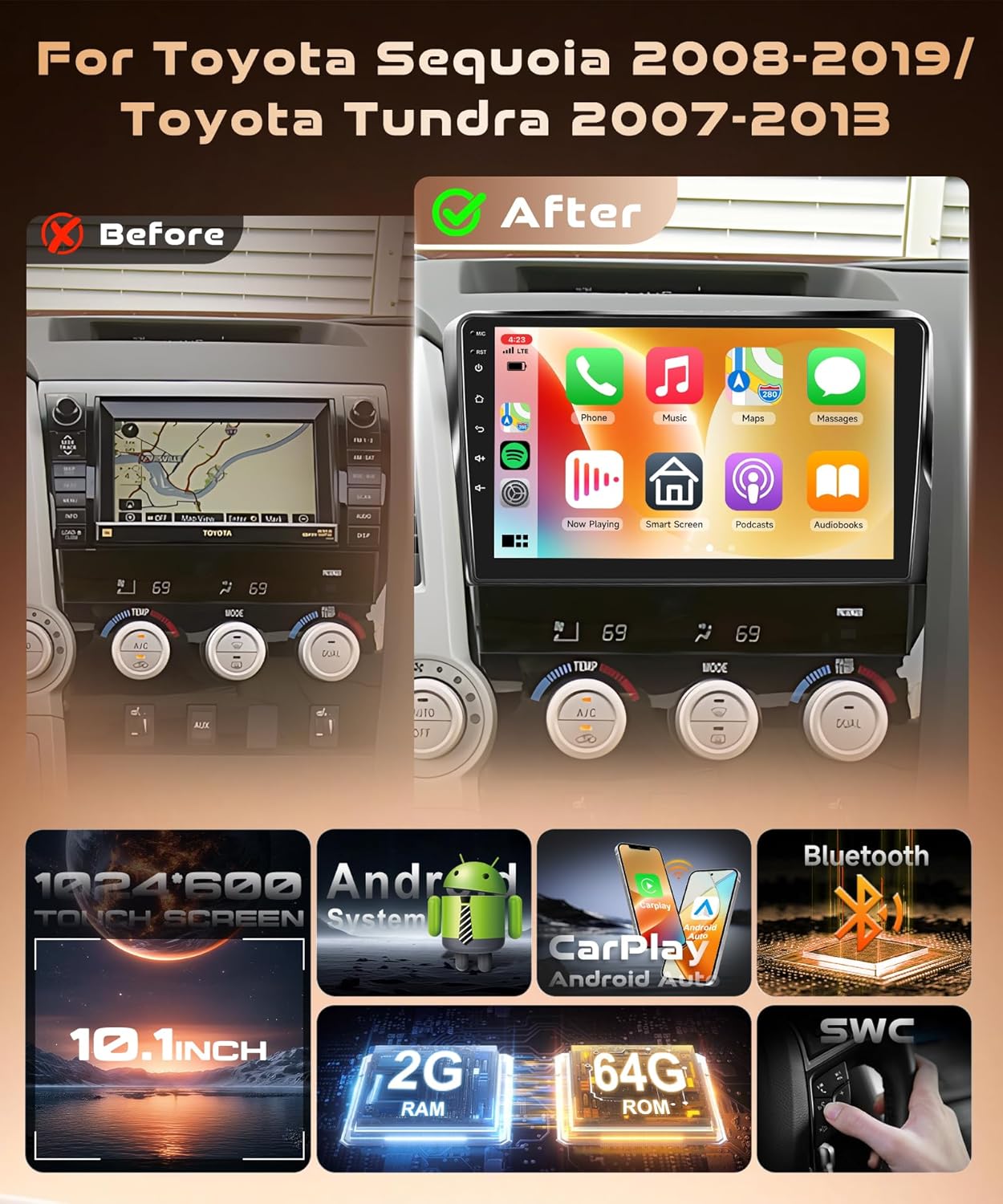 4Core 2G+64G Car Radio for Toyota Tundra 2007-2013, Android, Wireless CarPlay Android Auto, GPS Navigation
