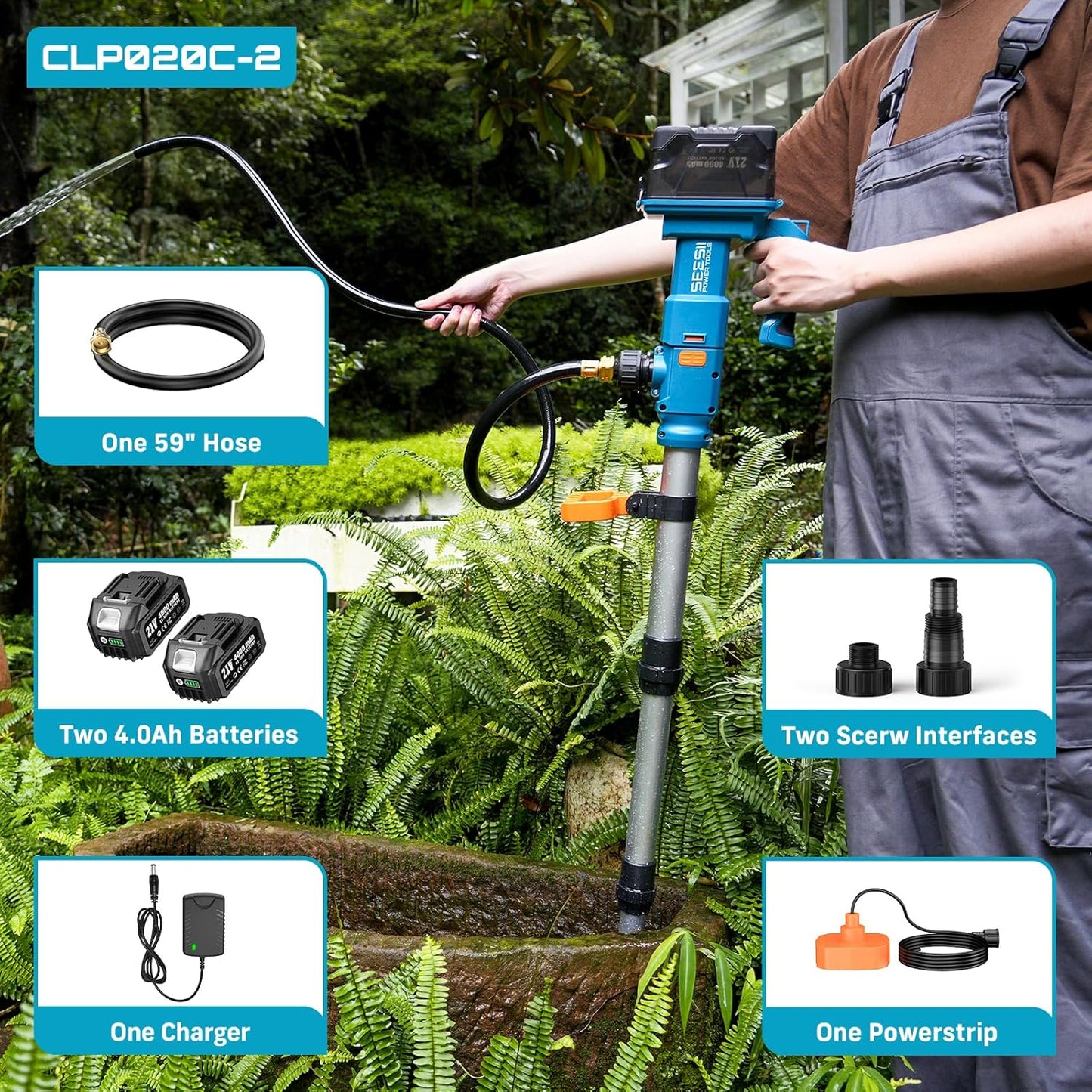 Cordless Stick Water Transfer Pump, with 24000mAh Batteries & Charger, Detachable Battery Pod, 740GPH 21V