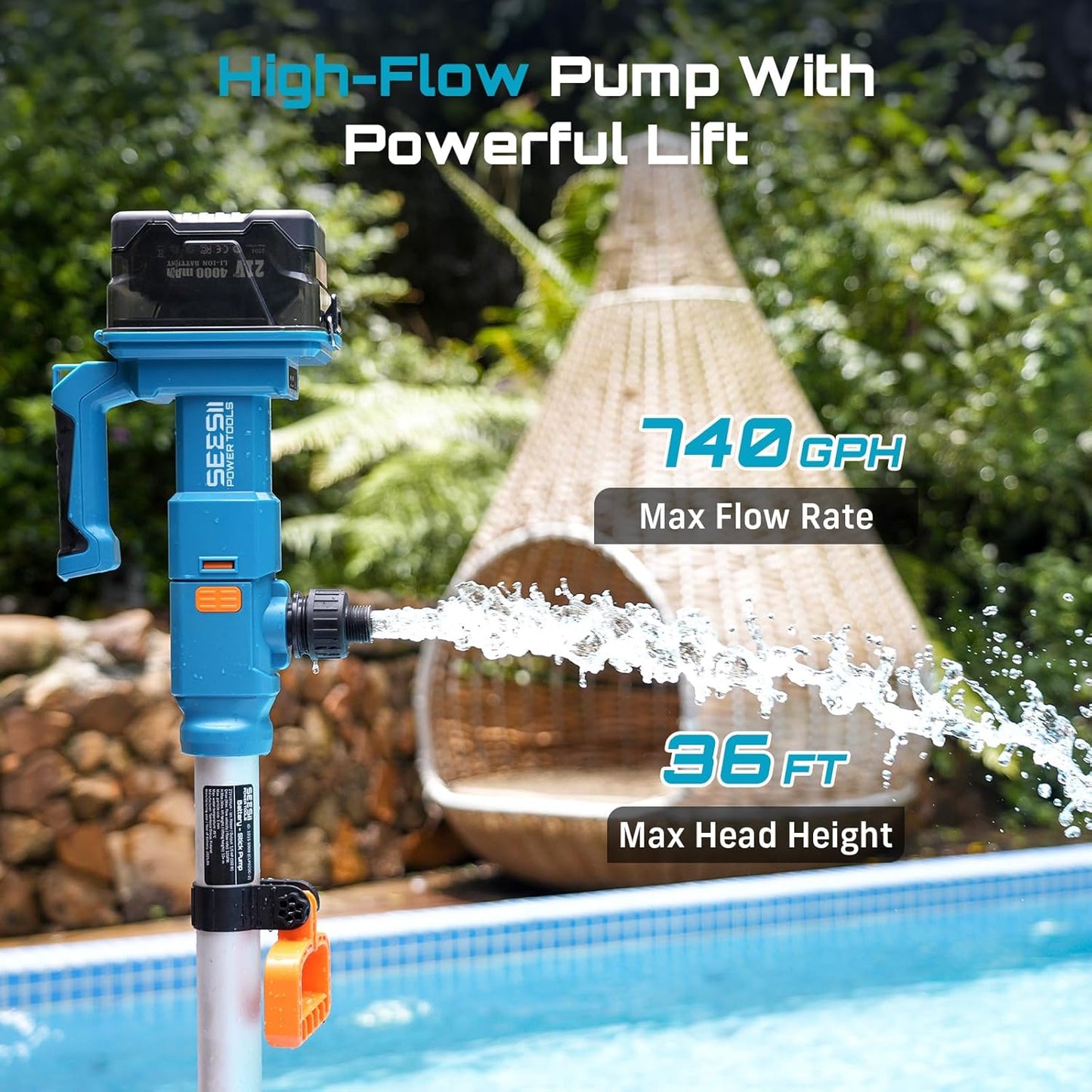 Cordless Stick Water Transfer Pump, with 24000mAh Batteries & Charger, Detachable Battery Pod, 740GPH 21V