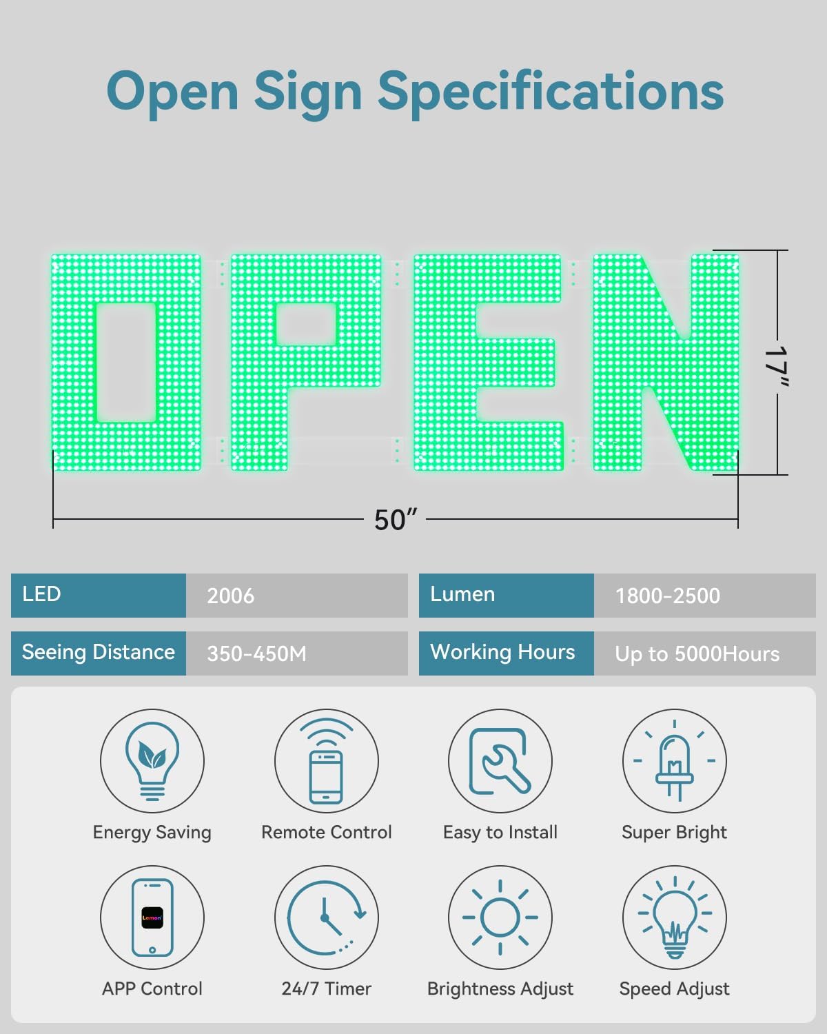50'x17' Large LED Open Sign with Remote and Bluetooth App, Super Bright, Dimmable Big Open Sign