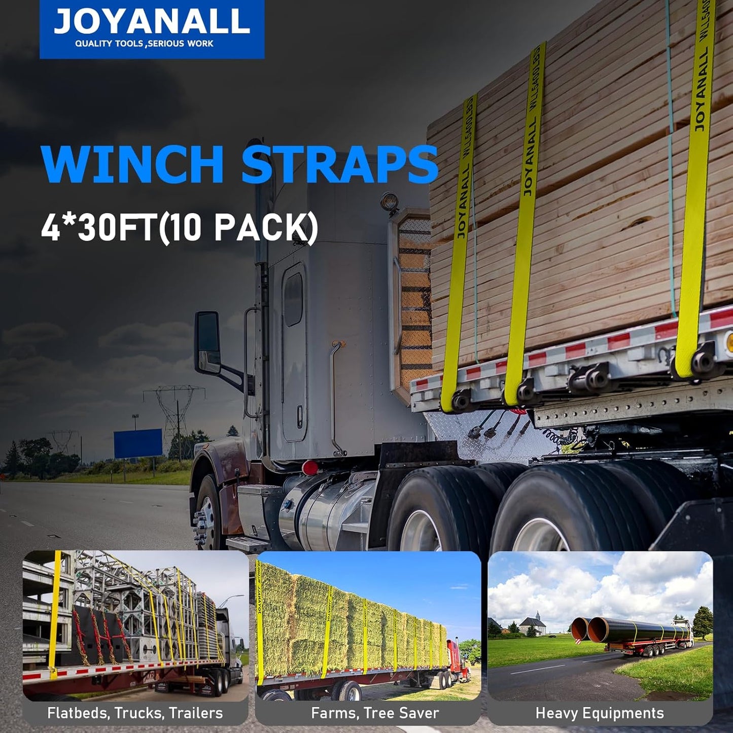 Truck Straps, 4' x30' Heavy Duty Tie Down w/Flat Hooks, 5400lbs, Winch Cargo Straps tie Down for Flatbeds