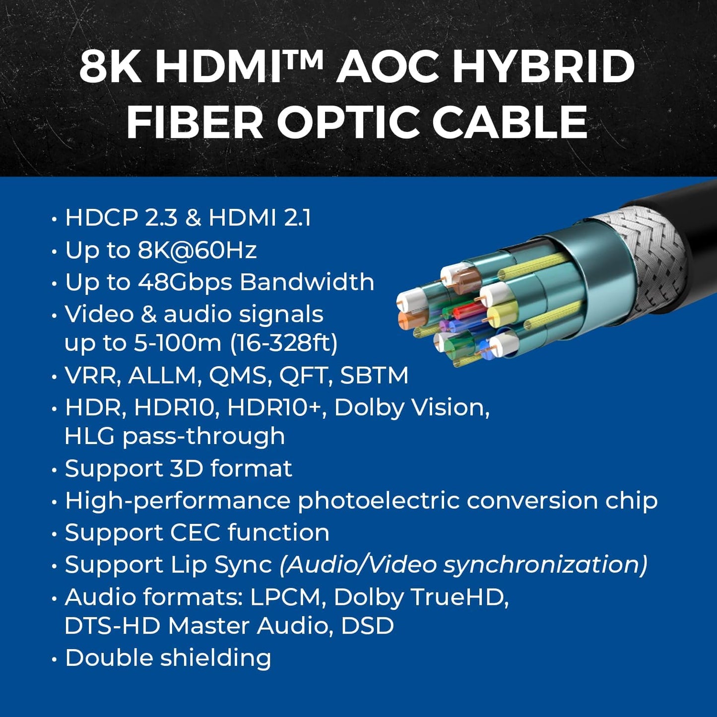 8K HDMI 2.1 Cable 150ft AOC Active Optical Fiber HDMI Cable, 48Gbps, 8K@60Hz, 4K@120Hz, HDR10+, eARC,