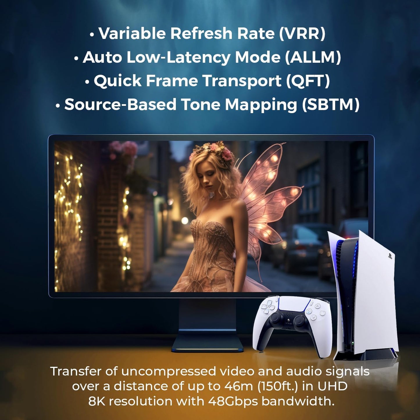 8K HDMI 2.1 Cable 150ft AOC Active Optical Fiber HDMI Cable, 48Gbps, 8K@60Hz, 4K@120Hz, HDR10+, eARC,