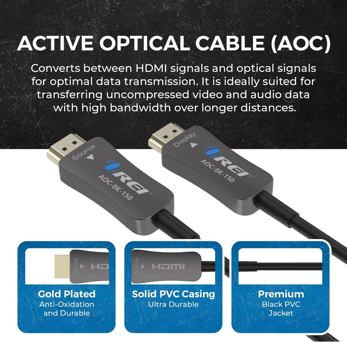 8K HDMI 2.1 Cable 150ft AOC Active Optical Fiber HDMI Cable, 48Gbps, 8K@60Hz, 4K@120Hz, HDR10+, eARC,