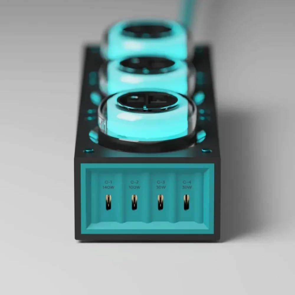 Moonbase 240W GaN Desktop Charger, Power Strip 7-Port Power Hub with 3 AC Outlets, 4 USB-C Ports