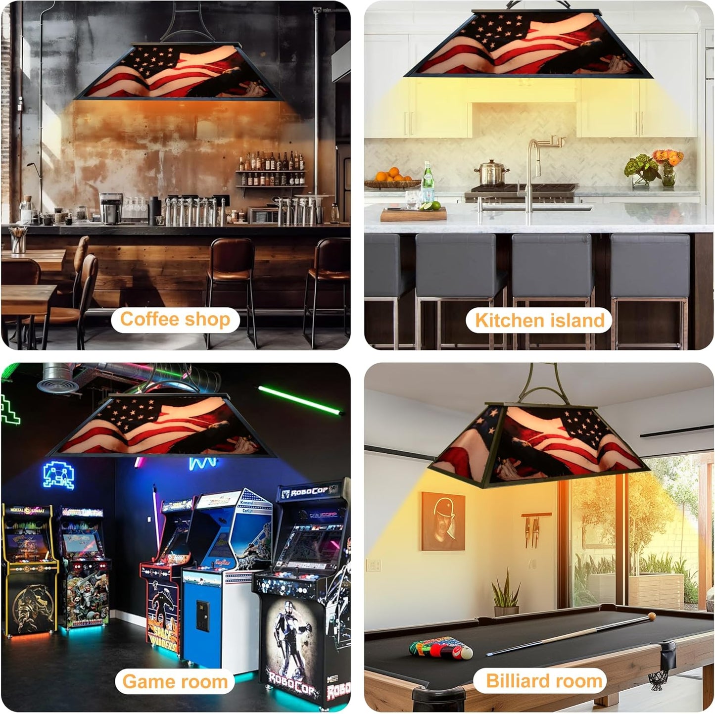4-Light Tiffany Pool Table Lamp, 43' Billiards Light for 7'-8' Pool Table Hanging Lamp, with American Flag