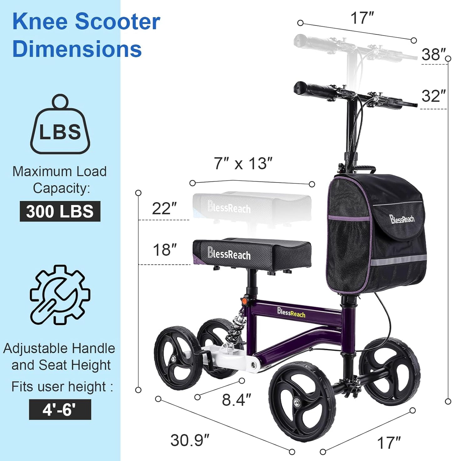 Economy Knee Scooter, Steerable, and Foldable for Foot Injuries Adult Best Crutches Alternative (Purple)