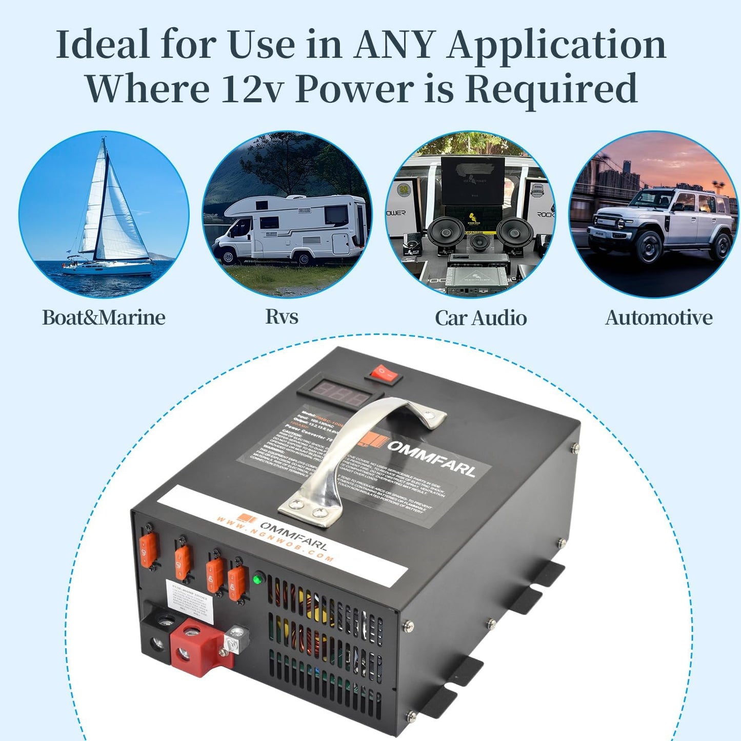 100 amp Power Converter for RV Camper w/ Handle, 15ft Cables, Battery Chargers with 3 Stage Smart Charging Mode