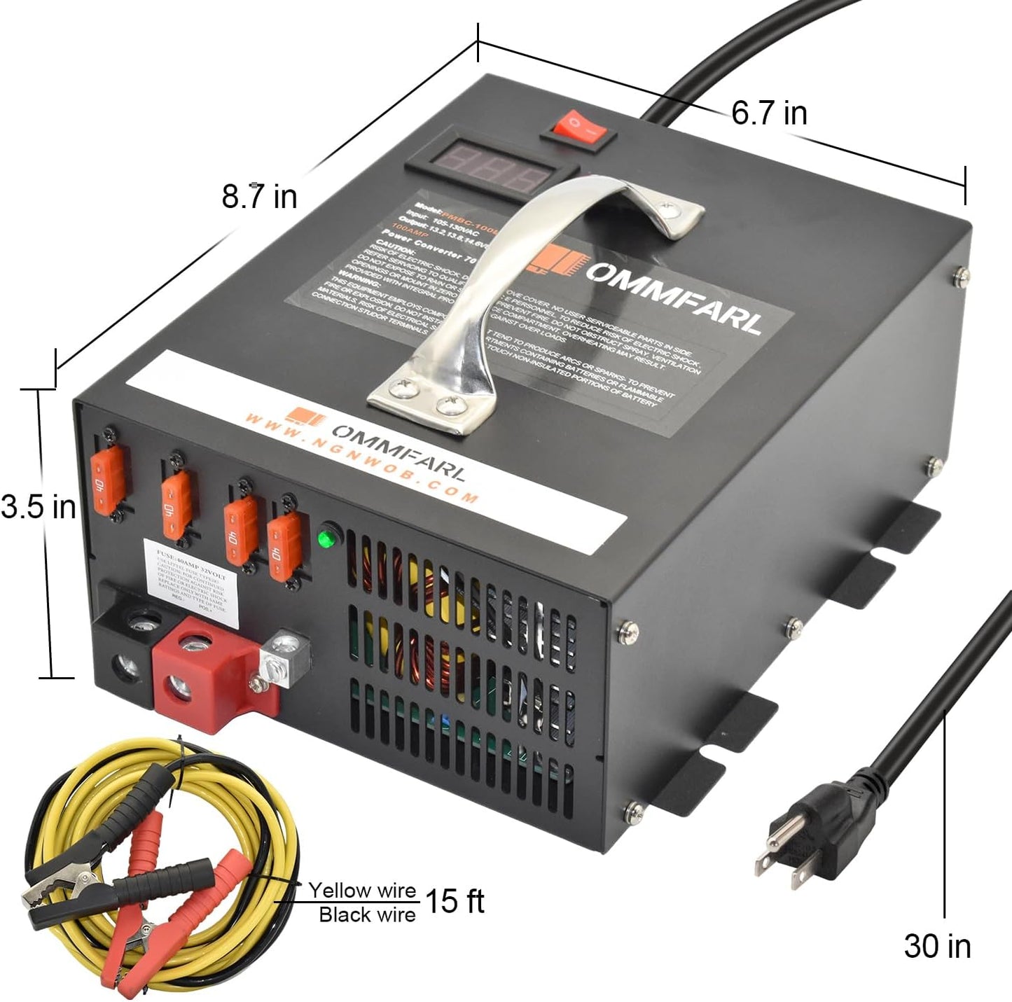 100 amp Power Converter for RV Camper w/ Handle, 15ft Cables, Battery Chargers with 3 Stage Smart Charging Mode