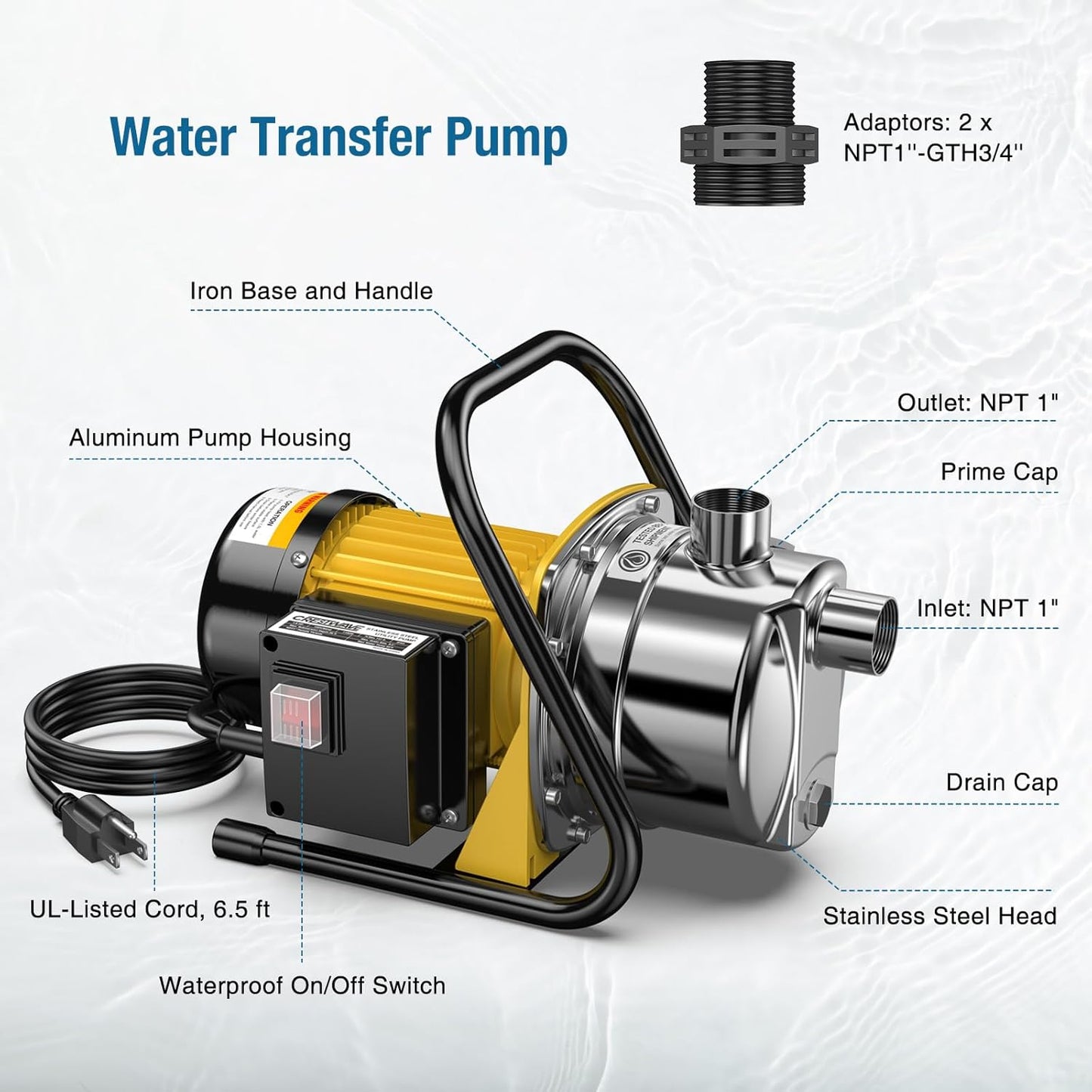 Water Transfer Pump 1.6HP 1800GPH 110V Electric Portable Shallow Well Jet Pump Sprinkler Pump Irrigation