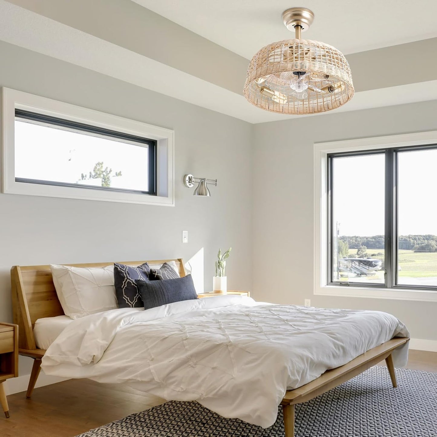 Ceiling Fans with Light 18.9in Wicker Fandelier Cage for Bedroom, Living Room, w/ Remote Control 6 Speeds