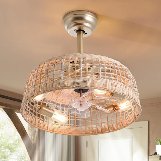 Ceiling Fans with Light 18.9in Wicker Fandelier Cage for Bedroom, Living Room, w/ Remote Control 6 Speeds