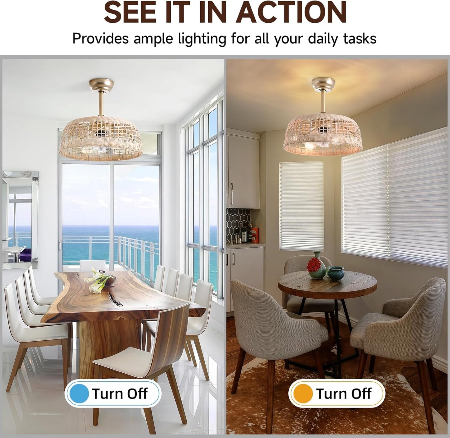 Ceiling Fans with Light 18.9in Wicker Fandelier Cage for Bedroom, Living Room, w/ Remote Control 6 Speeds