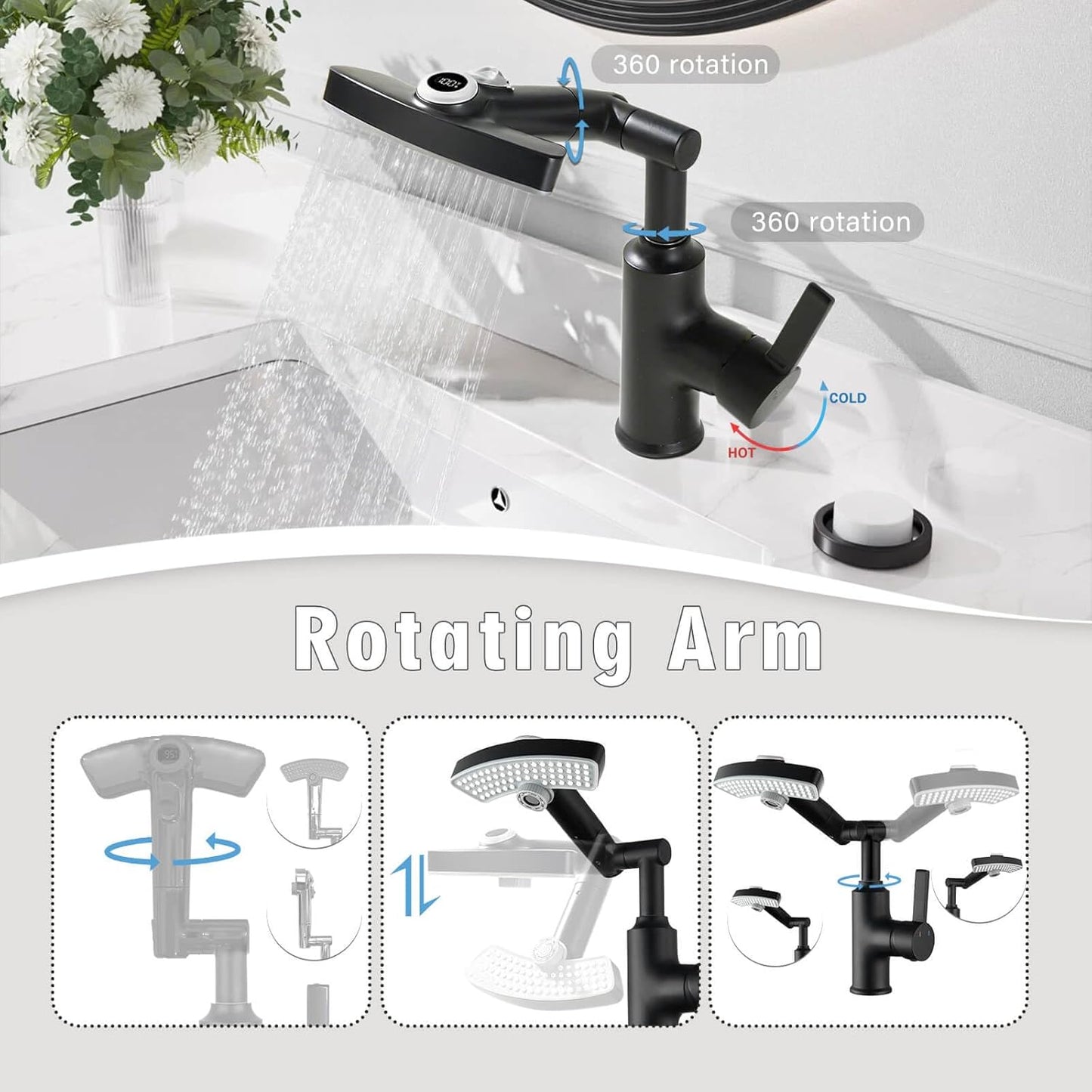 Black Rainfall Bathroom Faucet, 360 Rotatable Faucet, Single Handle with LED Temperature Display(No Batteries), 3 Water Modes