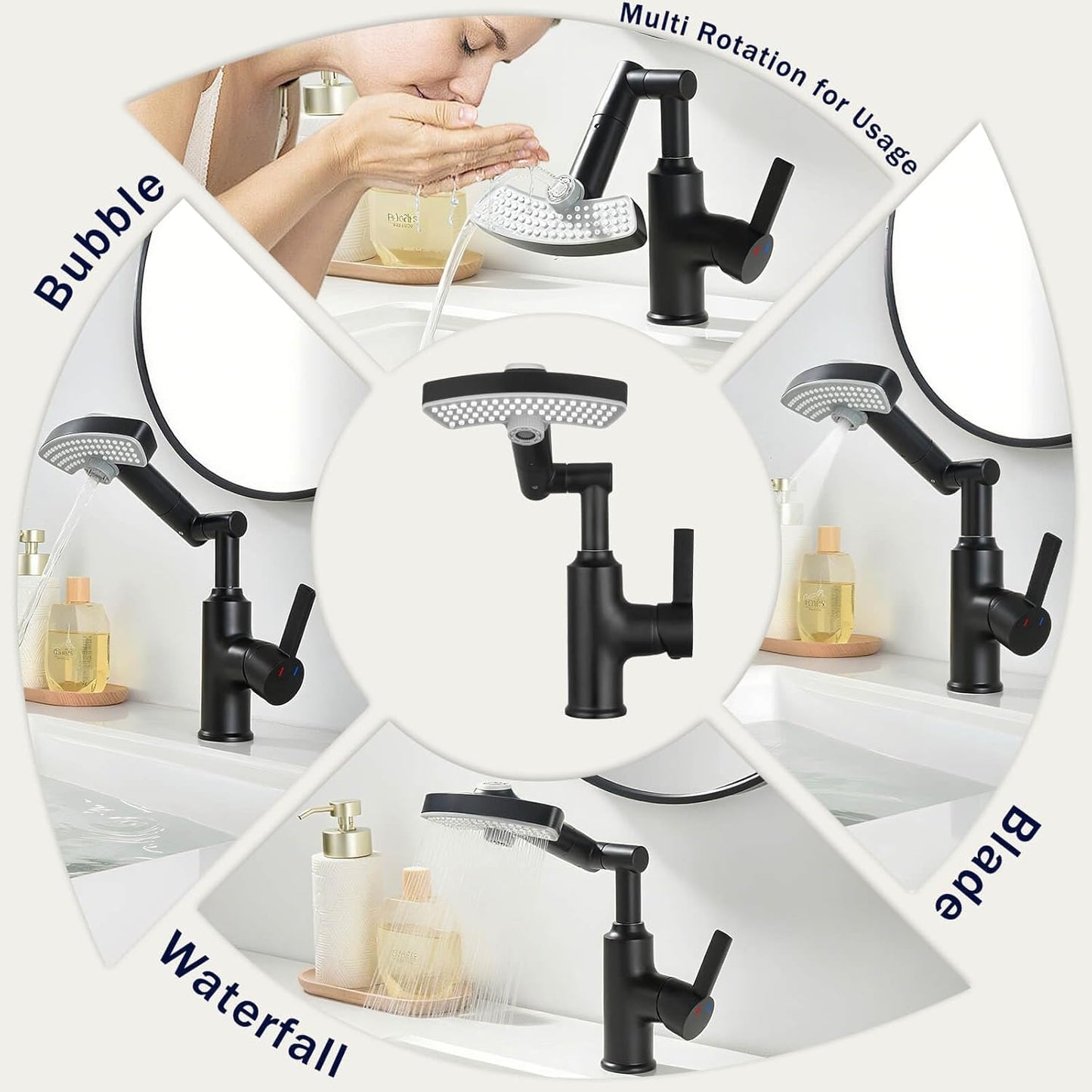 Black Rainfall Bathroom Faucet, 360 Rotatable Faucet, Single Handle with LED Temperature Display(No Batteries), 3 Water Modes