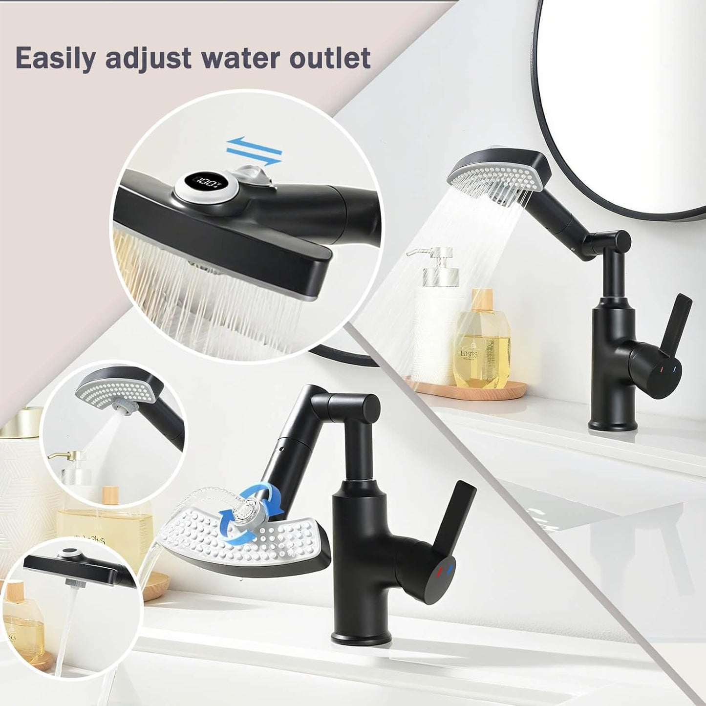 Black Rainfall Bathroom Faucet, 360 Rotatable Faucet, Single Handle with LED Temperature Display(No Batteries), 3 Water Modes