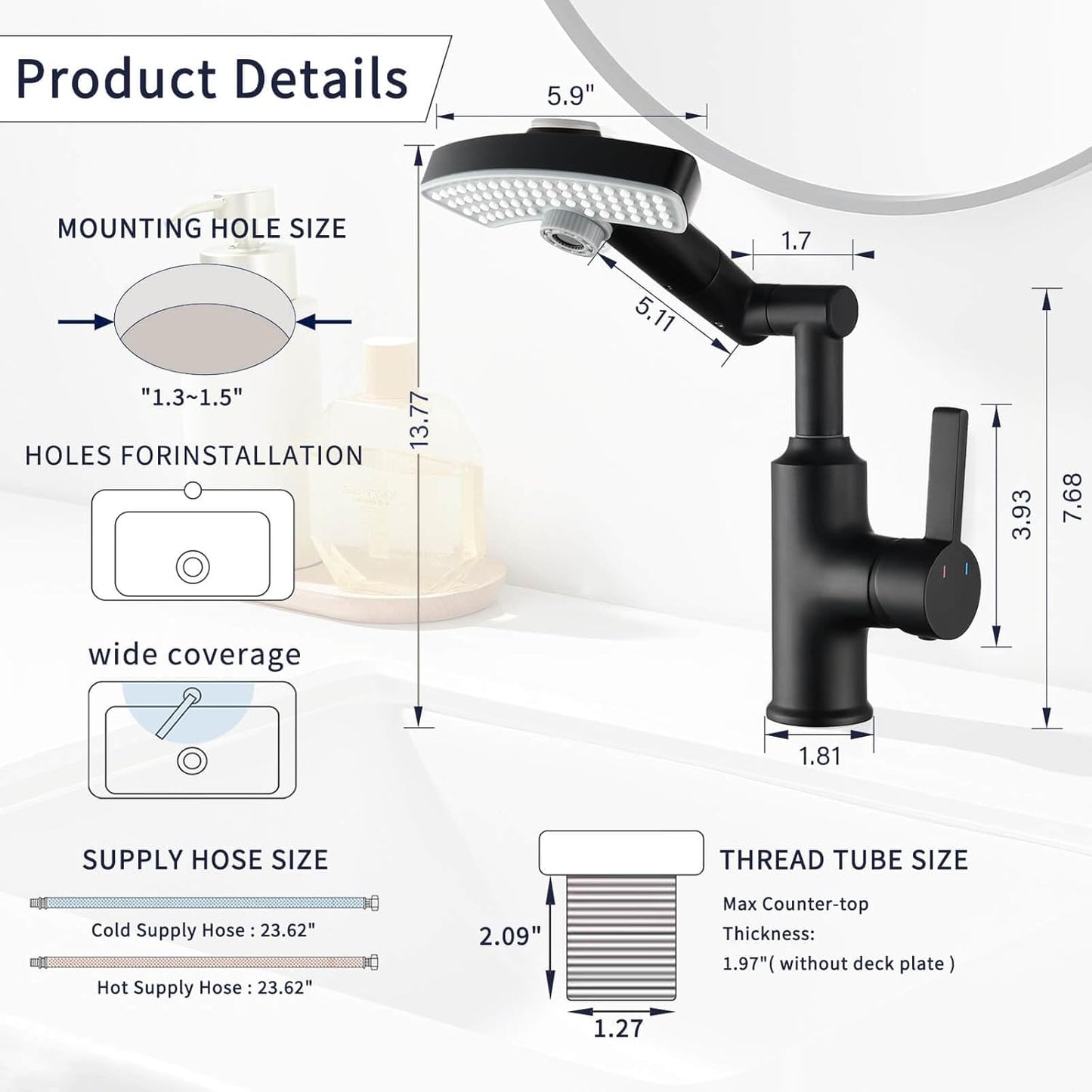 Black Rainfall Bathroom Faucet, 360 Rotatable Faucet, Single Handle with LED Temperature Display(No Batteries), 3 Water Modes