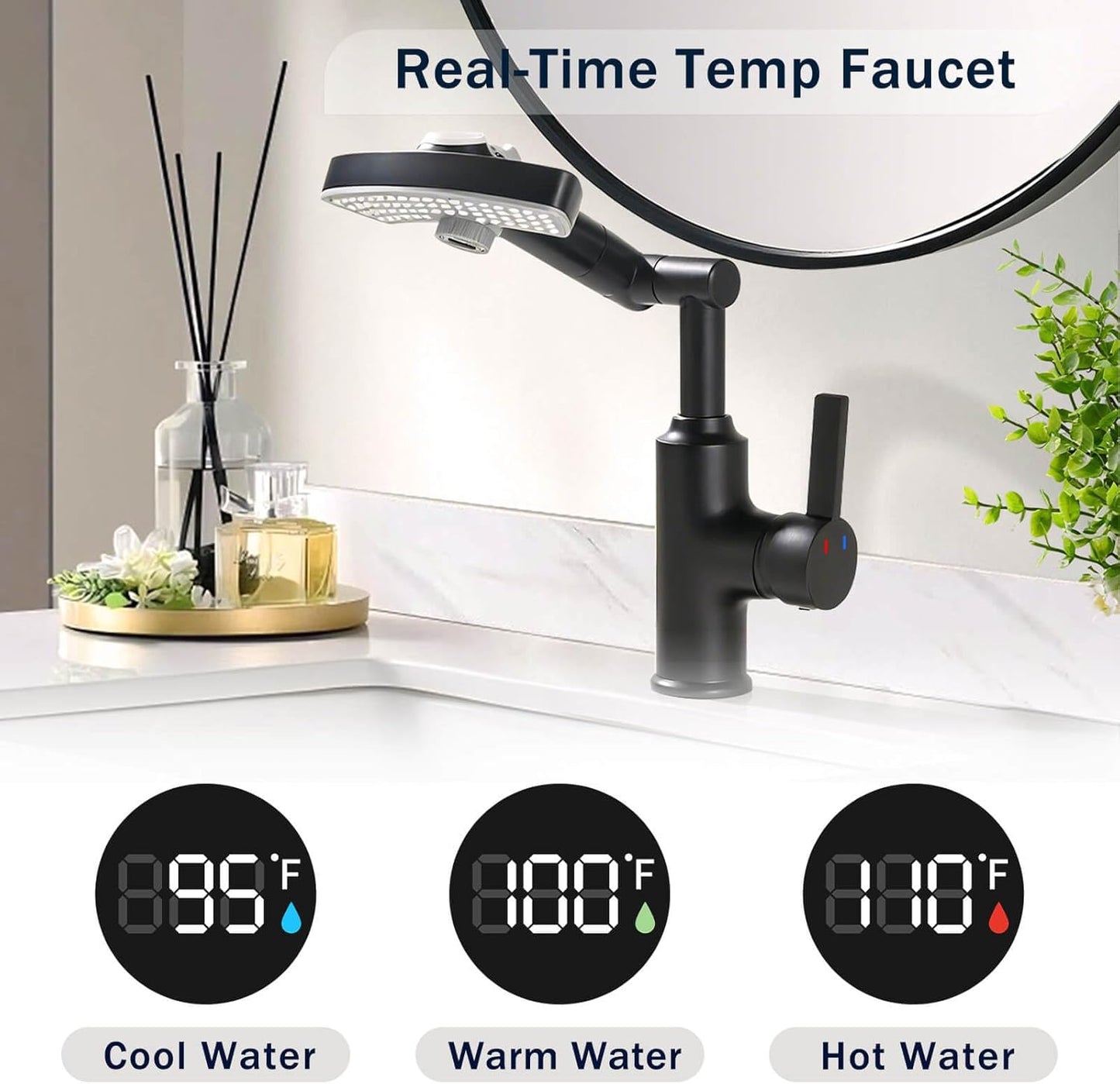 Black Rainfall Bathroom Faucet, 360 Rotatable Faucet, Single Handle with LED Temperature Display(No Batteries), 3 Water Modes