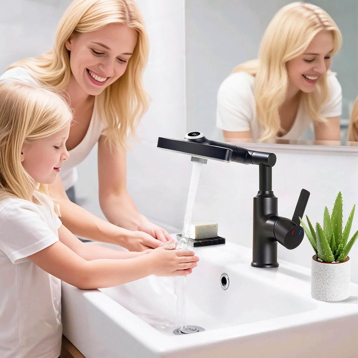 Black Rainfall Bathroom Faucet, 360 Rotatable Faucet, Single Handle with LED Temperature Display(No Batteries), 3 Water Modes