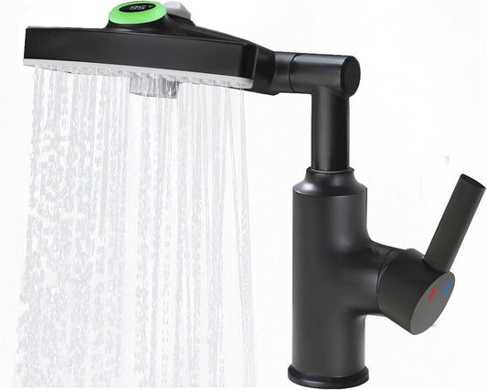 Black Rainfall Bathroom Faucet, 360 Rotatable Faucet, Single Handle with LED Temperature Display(No Batteries), 3 Water Modes