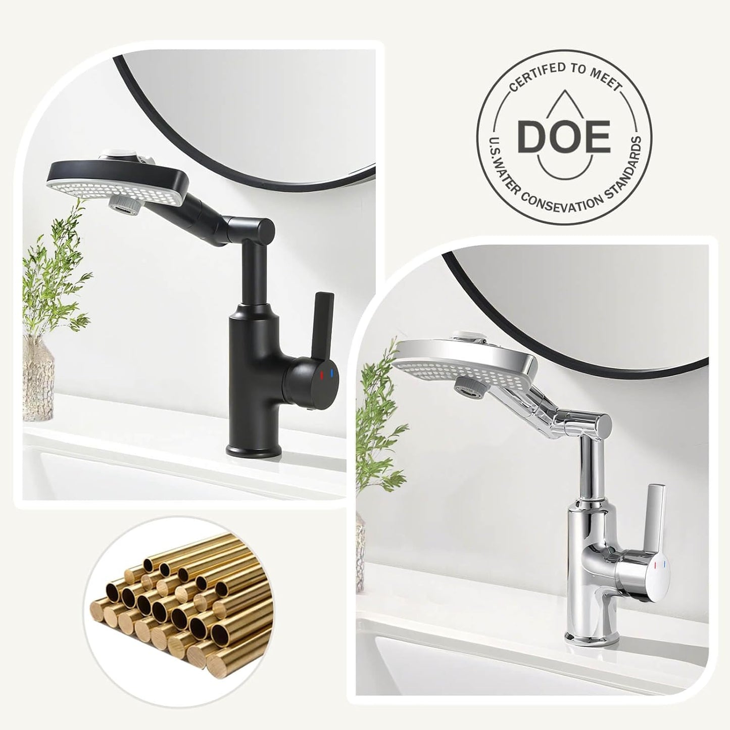 Black Rainfall Bathroom Faucet, 360 Rotatable Faucet, Single Handle with LED Temperature Display(No Batteries), 3 Water Modes
