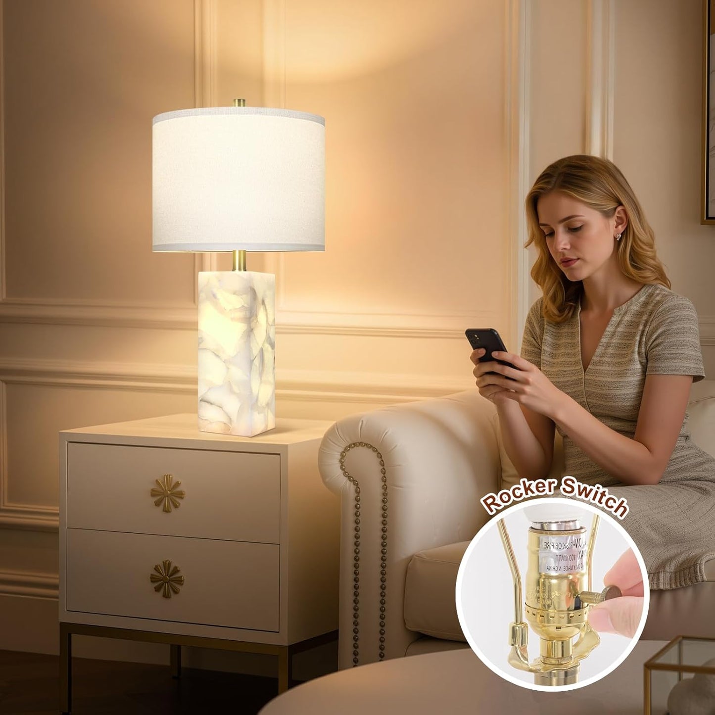 Natural Alabaster Table Lamps, Set of 2 w/ Night Light for Bedroom Living Room, 23' Rotary Switch, Dimming