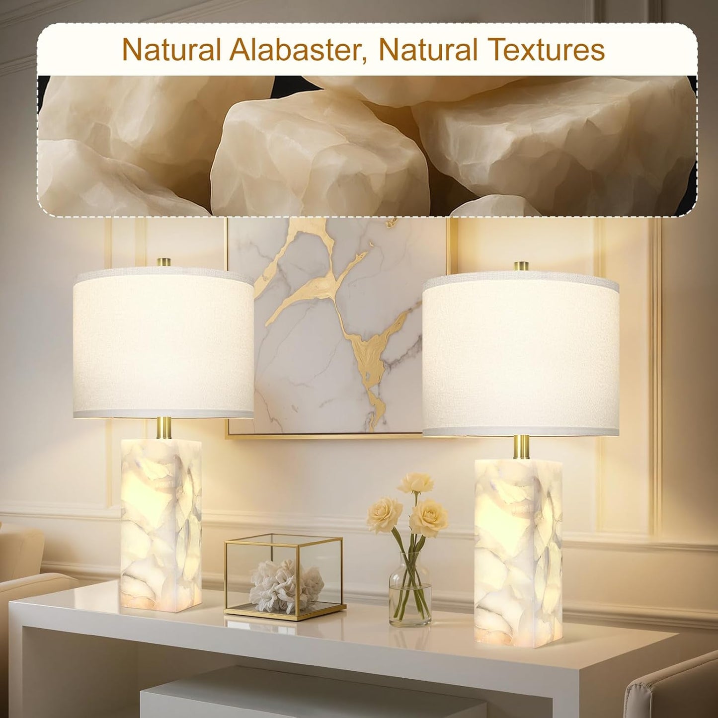 Natural Alabaster Table Lamps, Set of 2 w/ Night Light for Bedroom Living Room, 23' Rotary Switch, Dimming