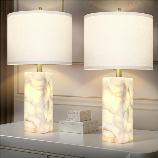 Natural Alabaster Table Lamps, Set of 2 w/ Night Light for Bedroom Living Room, 23' Rotary Switch, Dimming