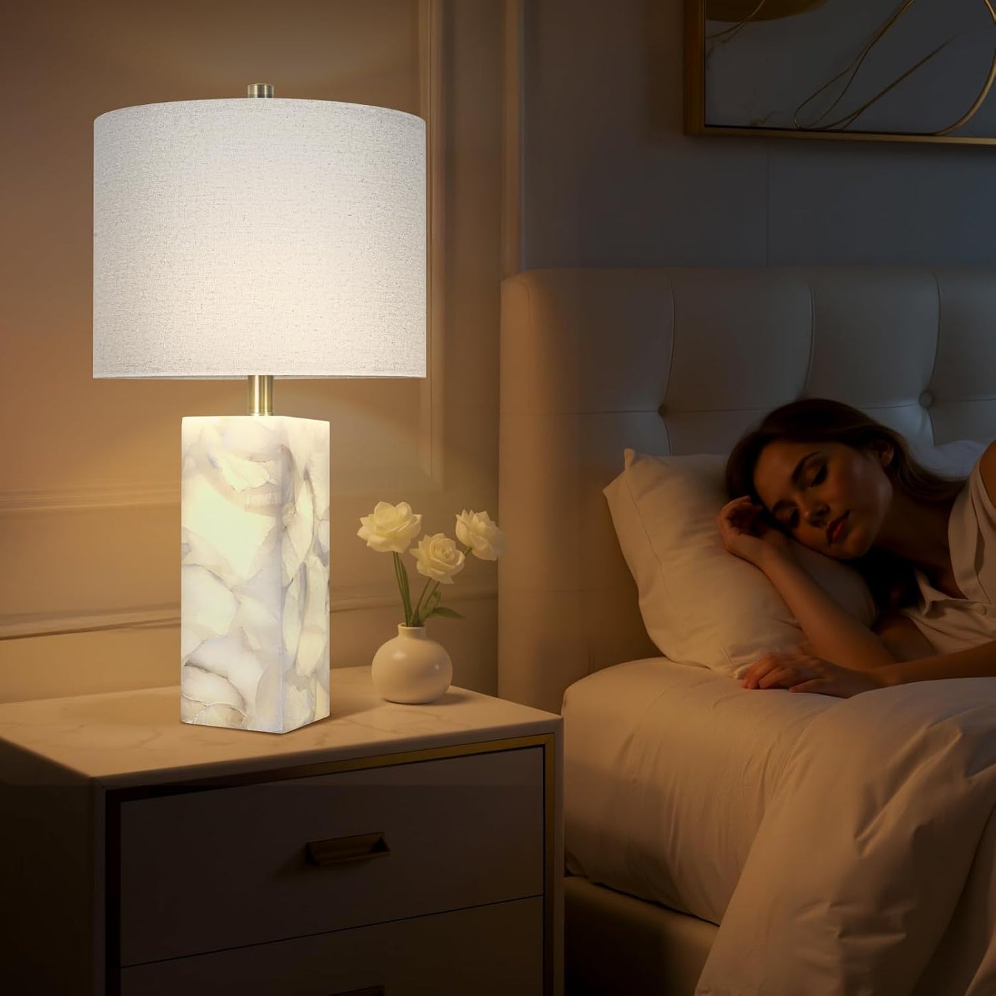 Natural Alabaster Table Lamps, Set of 2 w/ Night Light for Bedroom Living Room, 23' Rotary Switch, Dimming