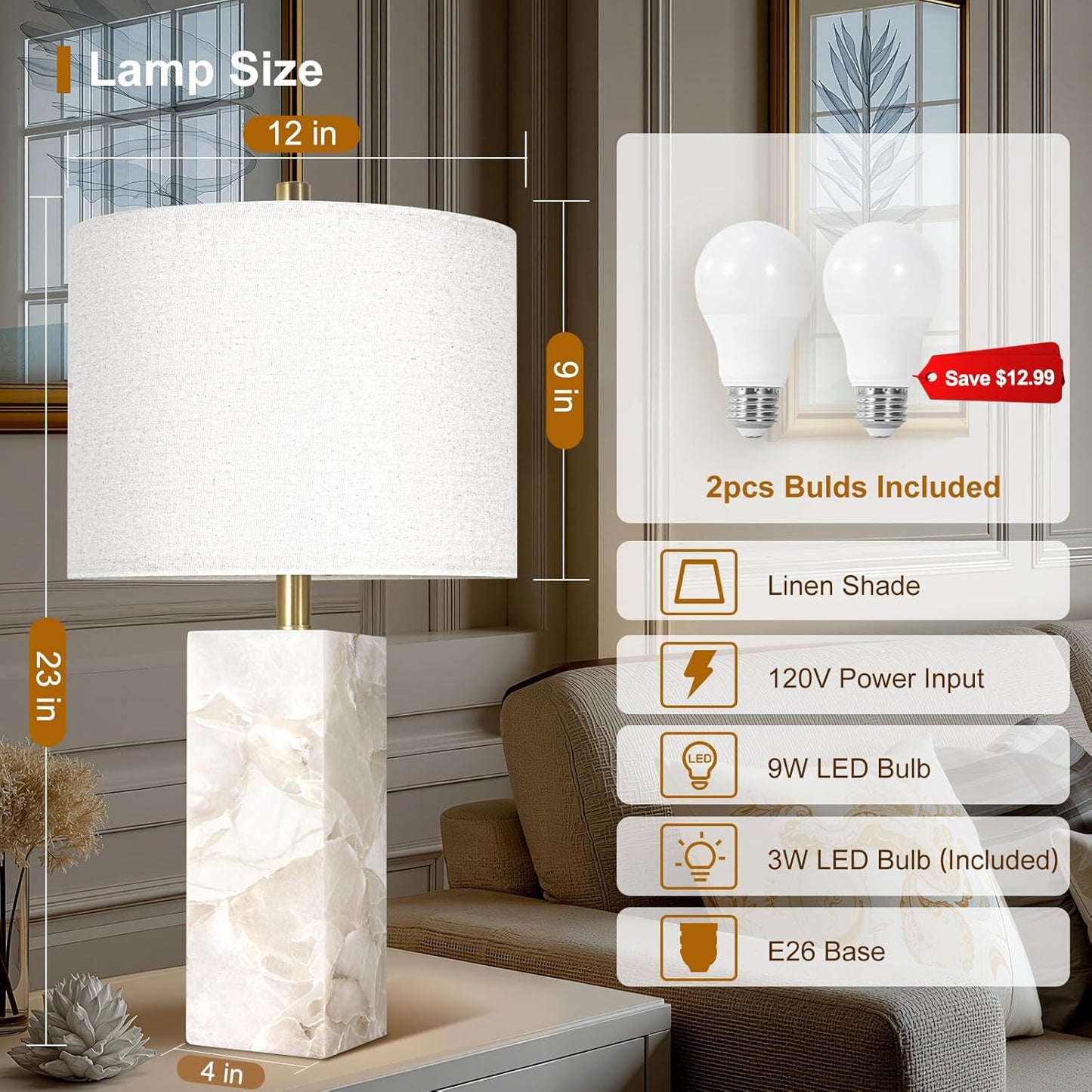 Natural Alabaster Table Lamps, Set of 2 w/ Night Light for Bedroom Living Room, 23' Rotary Switch, Dimming