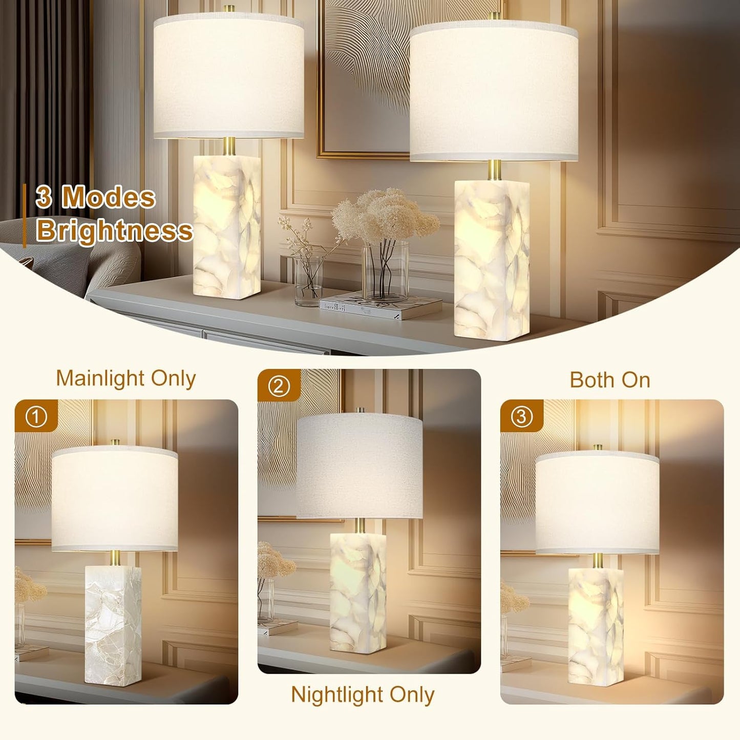 Natural Alabaster Table Lamps, Set of 2 w/ Night Light for Bedroom Living Room, 23' Rotary Switch, Dimming