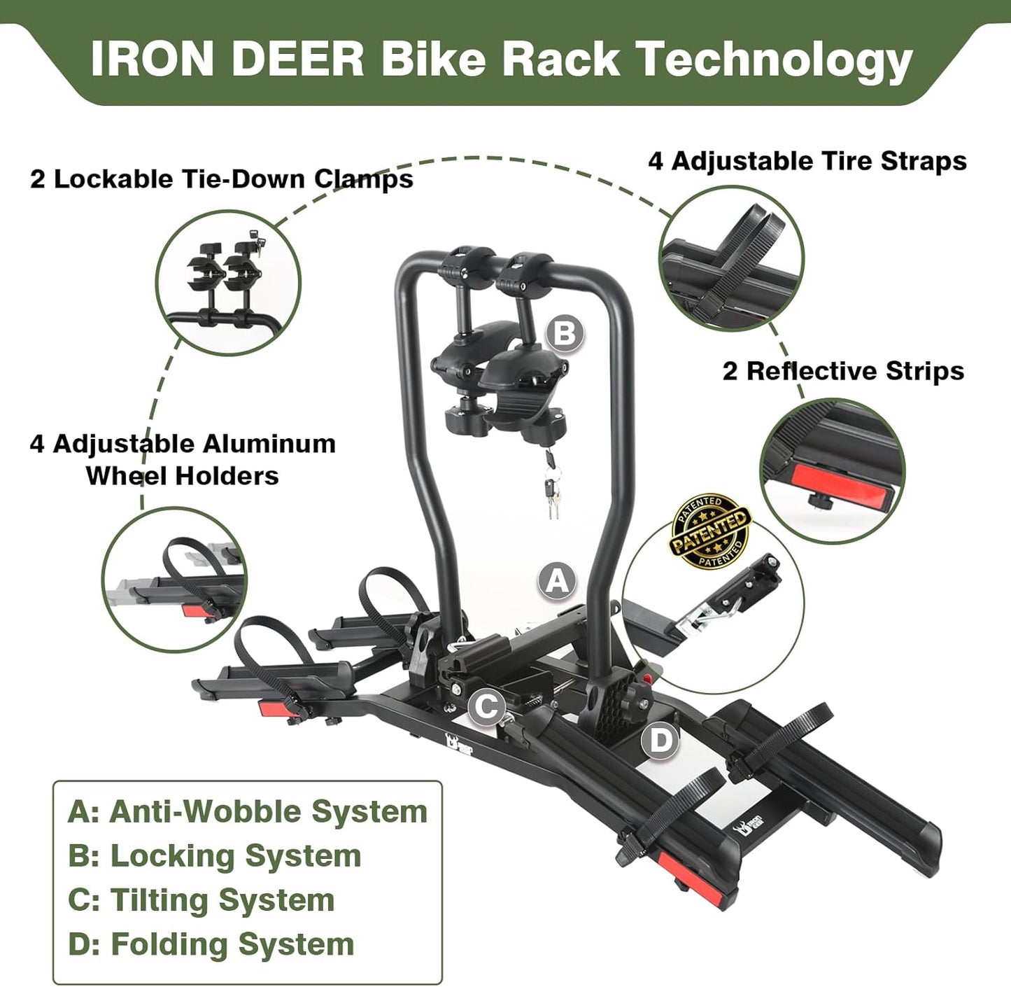 Hitch Bicycle Car Rack for 2 Bikes, Anti-Wobble Locking Tilting Folding Bike Rack with 1.25-2' Receiver
