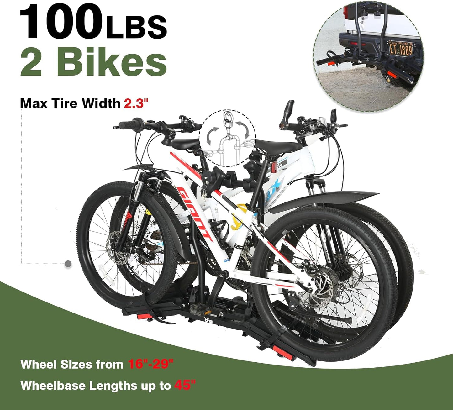 Hitch Bicycle Car Rack for 2 Bikes, Anti-Wobble Locking Tilting Folding Bike Rack with 1.25-2' Receiver