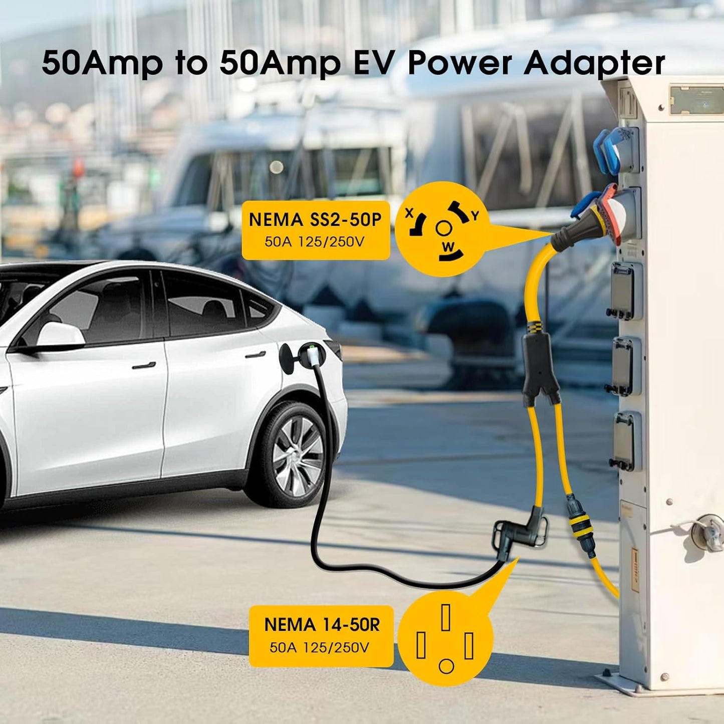 50 Amp Marine Shore Power Y Splitter Cord, Tesla EV/RV Power Adapter Cord, 50A/30A Shore Power Adapter,