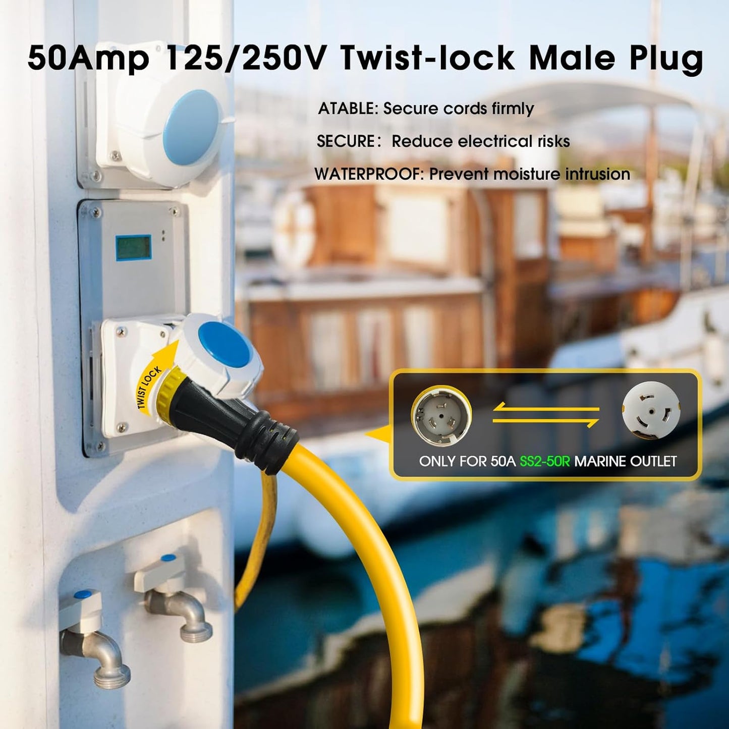 50 Amp Marine Shore Power Y Splitter Cord, Tesla EV/RV Power Adapter Cord, 50A/30A Shore Power Adapter,