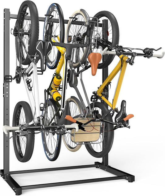 Freestanding Bike Rack Garage Holds Up to 4 Bikes, Tool-Free Vertical Bike Stand with Wide Stable Base