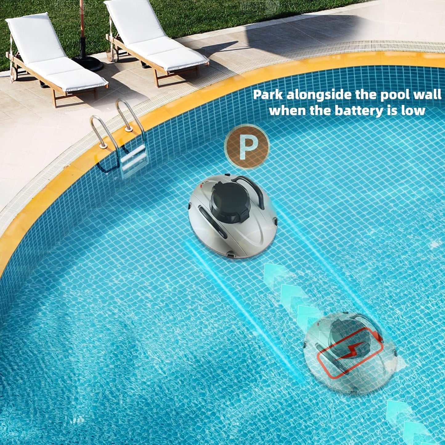 Cordless Robotic Pool Cleaner, Automatic Pool Vacuum for Above Ground Pools, Self-Parking