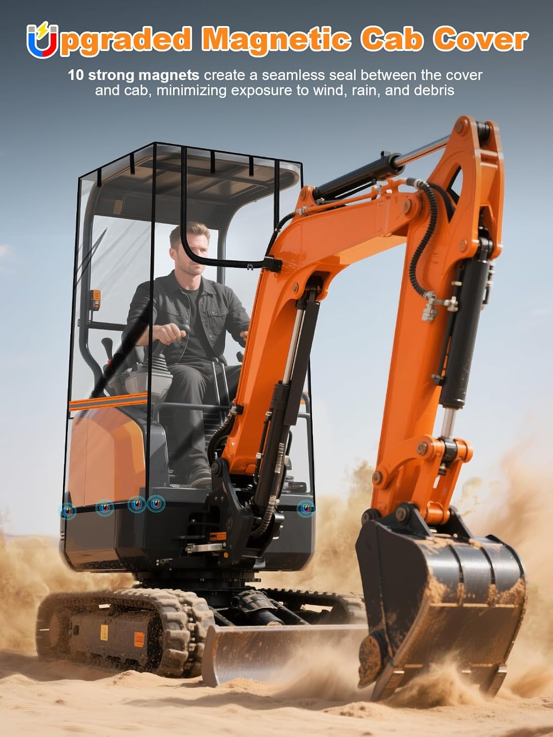 Upgraded Transparent Mini Excavator Cover with Magnetic Bottom, Waterproof Clear Excavator Cab Enclosure